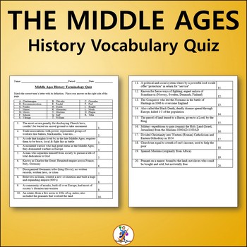 Preview of The Middle Ages World History Vocabulary Quiz - Editable Worksheet
