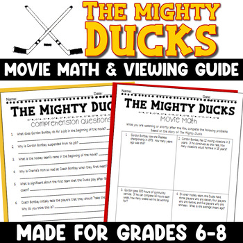 Preview of The Mighty Ducks Movie Math & Viewing Guide Hockey Math Comprehension Questions