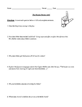 Preview of The Miracle Worker Act I Worksheet, Test, or Homework with  Answer Key