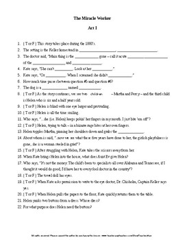 Preview of The Miracle Worker a play by William Gibson Complete Guided Reading Worksheets