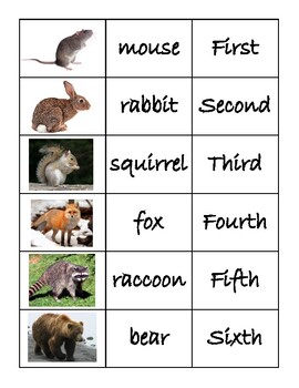 Preview of The Mitten Animal Name and Ordinal Cards