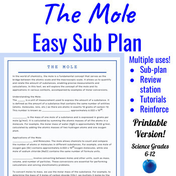 Preview of The Mole Reading Cloze + Puzzle Easy Emergency Sub Plan || Chemistry Review