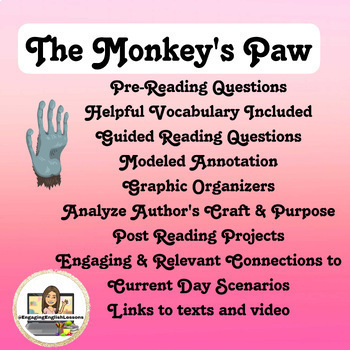 Preview of The Monkey's Paw - Graphic Organizers, Pre/Guided Reading Questions & Projects