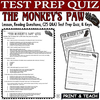 Preview of The Monkey's Paw Quiz Questions Reading Test Prep Pack Scary Short Story