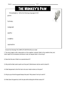 Preview of The Monkey's Paw Vocabulary and Guided Reading Questions