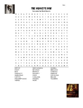 Preview of The Monkey's Paw Word Search Puzzle Worksheet Sub Plan