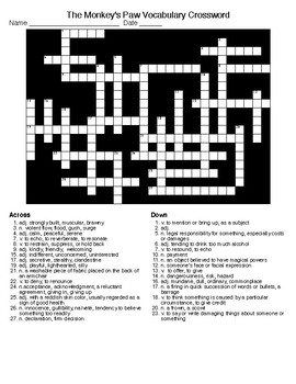 Preview of The Monkey's Paw Vocabulary Word Search and Crossword with KEYS