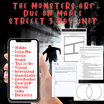 Preview of The Monsters are Due on Maple Street ELA Unit Slides, Essay, Choice Board Gr 6-8