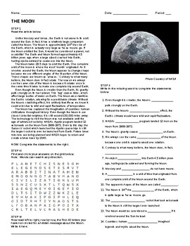 Preview of The Moon- Article, Questions, Wordsearch, and Hidden Message!