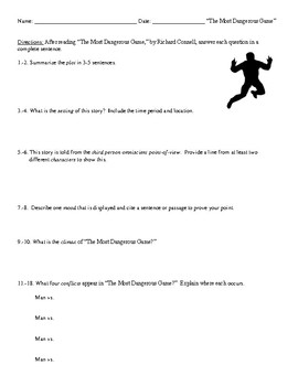 Preview of "The Most Dangerous Game" Worksheet or Assessment with Detailed Answer Key