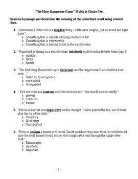 Preview of The Most Dangerous Game Multiple Choice Test and Key