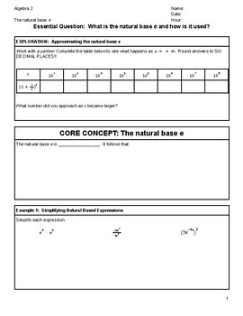 Preview of Algebra 2-The Natural Base e Guided Notes w/Key