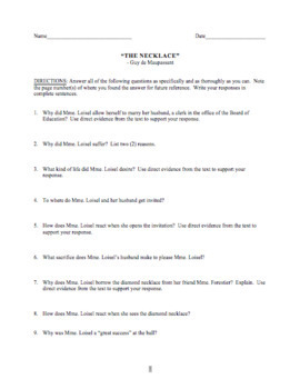 "The Necklace" Reading Questions and Answer Key and ...