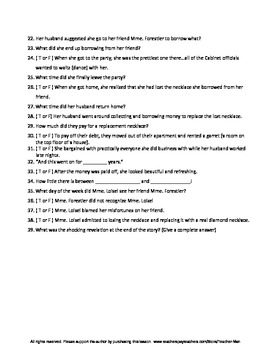 The Necklace by Guy de Maupassant Complete Guided Reading Worksheet