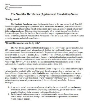 Preview of The Neolithic or Agricultural Revolution: Notes, Worksheet, & Cartoon Assignment