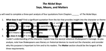 Preview of The Nickel Boys: Quote Analysis (Says, Means, Matters)