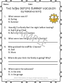 the night before summer vacation worksheets and task cards by tnbcreations