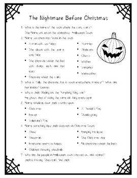 The Nightmare Before Christmas Movie Questions ONLY by La Prof Geek