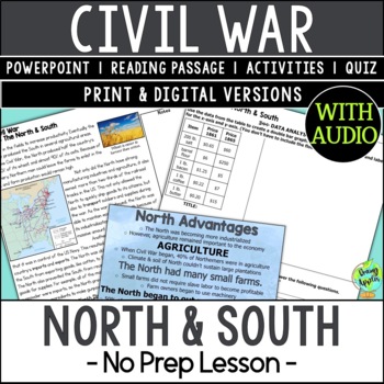 Preview of The North & South No Prep Lesson - Civil War Reading Activity - PPT - Quiz