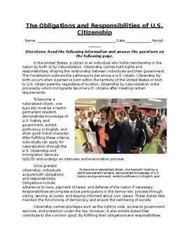 Preview of The Obligations and Responsibilities of U.S. Citizenship: Text and Questions