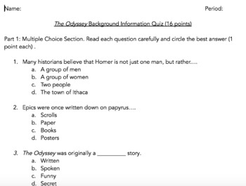 The Odyssey: Background Info Quiz by Miss Dorsey's Classroom | TPT