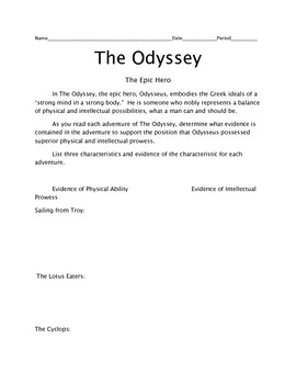 Preview of The Odyssey, Epic hero worksheet