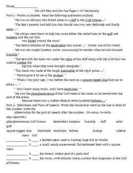 Preview of The Old Man and the Sea pages 1-15 Vocabulary Worksheet and KEY