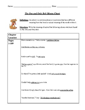 Preview of The One and Only Bob: Idioms Chart Worksheet with Definition and Answer Key