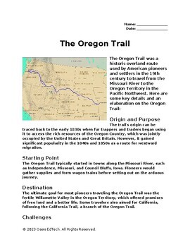 Preview of The Oregon Trail Worksheet