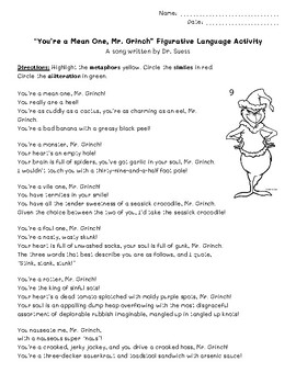 Preview of Grinch Song Figurative Language Activity
