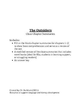 Preview of The Outsiders: Cloze Chapter Summaries, 1-12