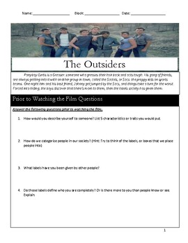Preview of The Outsiders Movie Guide + Answer Key