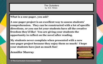 Preview of The Outsiders One-Pager Project with Templates & Rubric