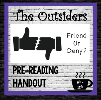 Preview of The Outsiders, SE HINTON:  Pre-Reading, Character Handout