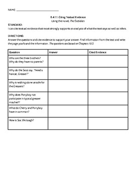 Preview of The Outsiders--Standards Based Lesson: Citing Textual Evidence Ch. 1 & 2