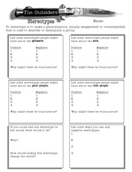 Preview of The Outsiders - Stereotypes Worksheet