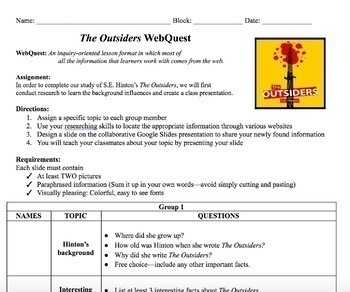 Preview of The Outsiders WebQuest 