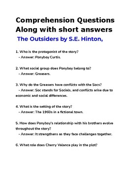 Preview of The Outsiders by S.E. Hinton Comprehension Questions along with answer