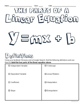 Preview of The Parts of a Linear Equation (y=mx+b) Worksheet