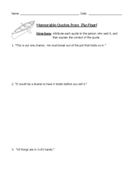 Preview of The Pearl Quotes: Worksheet, Test, or Homework with Detailed Answer Key