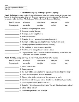 Preview of The Pedestrian by Ray Bradbury Figurative Language Worksheet and KEY