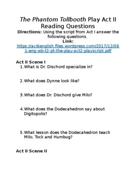 Preview of The Phantom Tollbooth Play Version Act II Reading Comprehension Questions