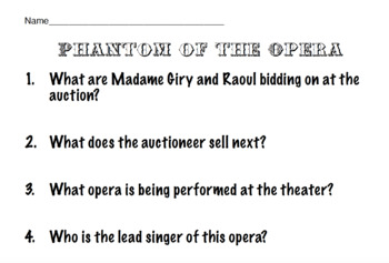 The Phantom of the Opera 2004 movie musical follow along worksheet and