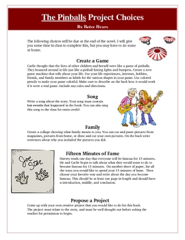 Preview of The Pinballs Creative Reading Project Activities and Rubric