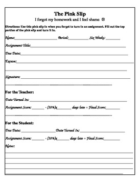 Preview of The Pink Slip Missing Assignment Form