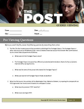 Preview of The Post Movie Guide (2017) Guided Viewing Worksheet
