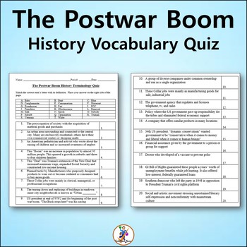 Preview of The Postwar Boom History Vocabulary Quiz - Editable Worksheet