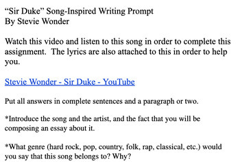 Preview of The Power of Music - “Sir Duke” - Stevie Wonder - Song-Inspired Writing Prompt
