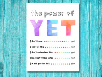 Preview of The Power of Yet Positive Growth Mindset Poster, Inspirational Classroom Quote