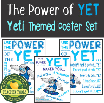 Preview of ☼☼☼ The Power of Yet - Yeti Themed Poster Set - Growth Mindset - Critical Think